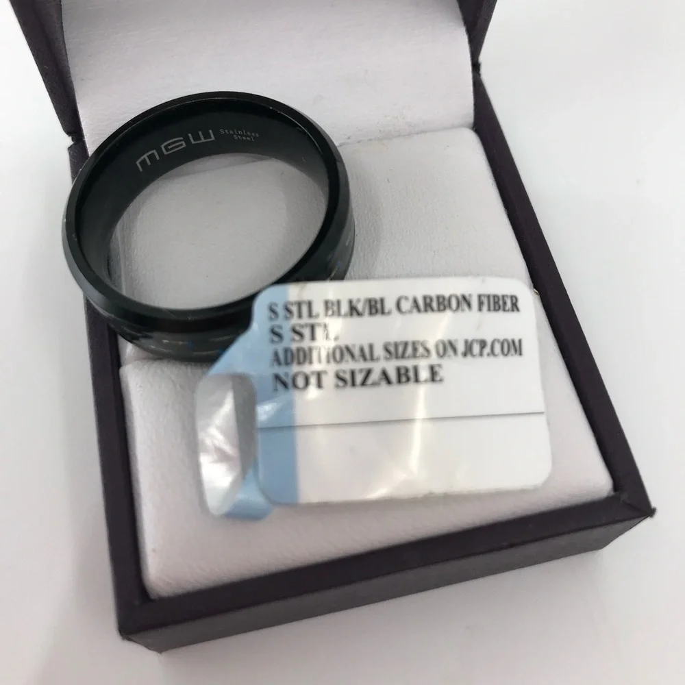 Mens Black Ceramic Carbon Fiber Stainless Steel Ring With Blue Accents Size 11.5